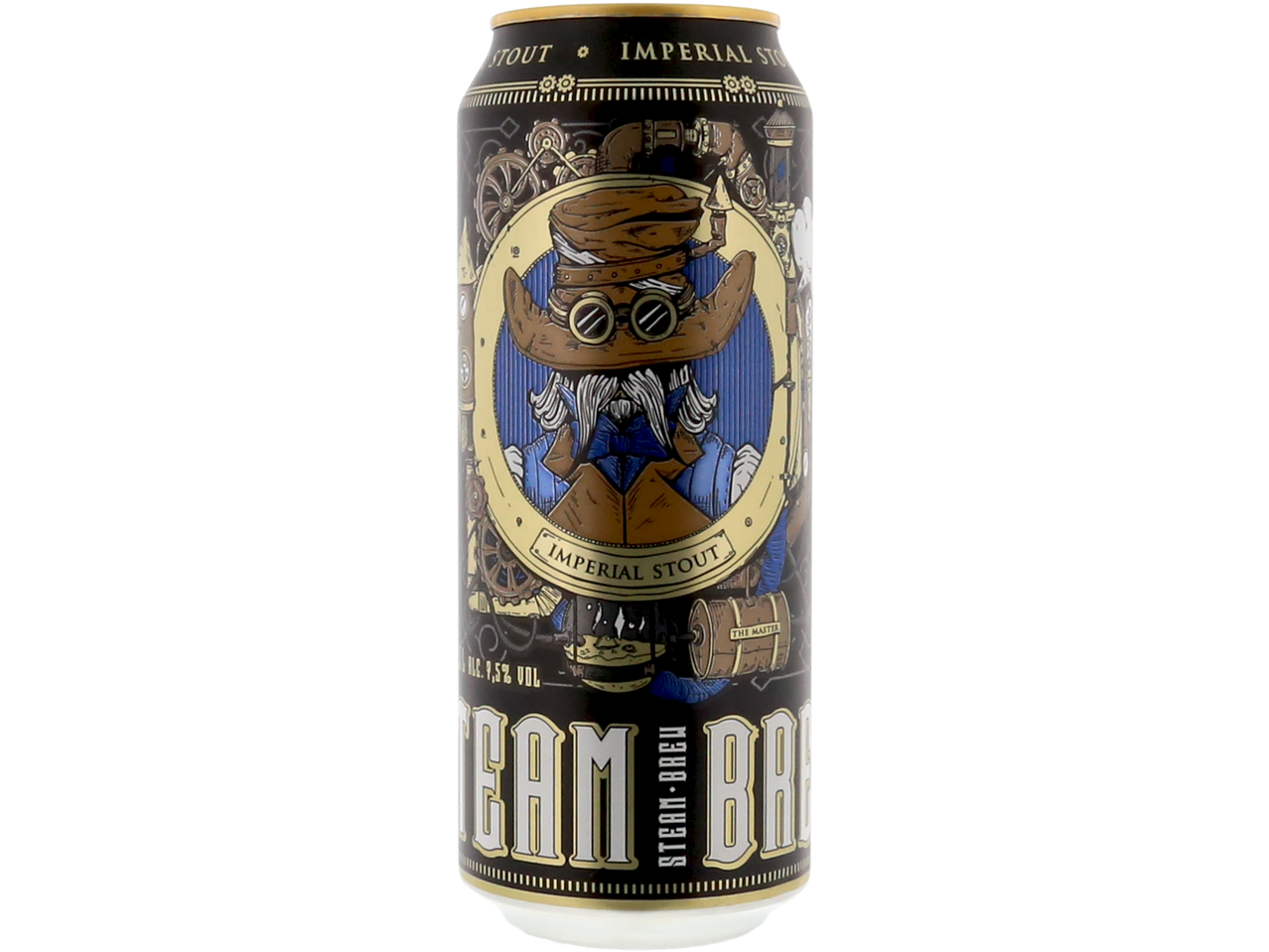 Bière Steam Brew Imperial Stout en canette, design steampunk.