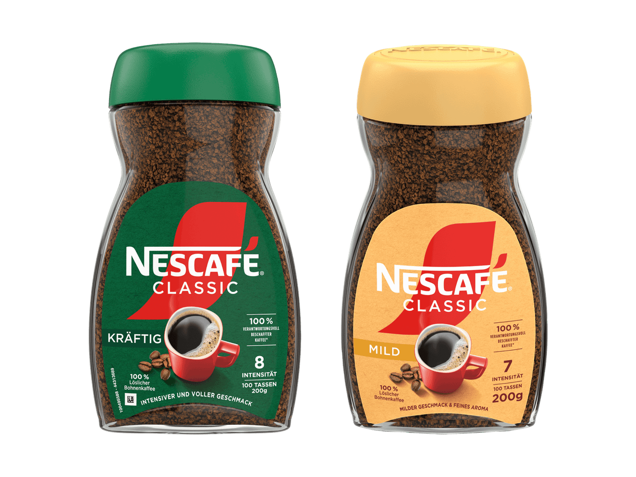 Zwei Nescafé Classic Instantkaffee-Gläser, eines mit weihnachtlichem und eines mit karamelligem Design.