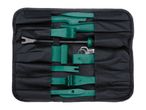A set of green plastic trim removal tools and metal keys in a black fabric roll-up pouch.