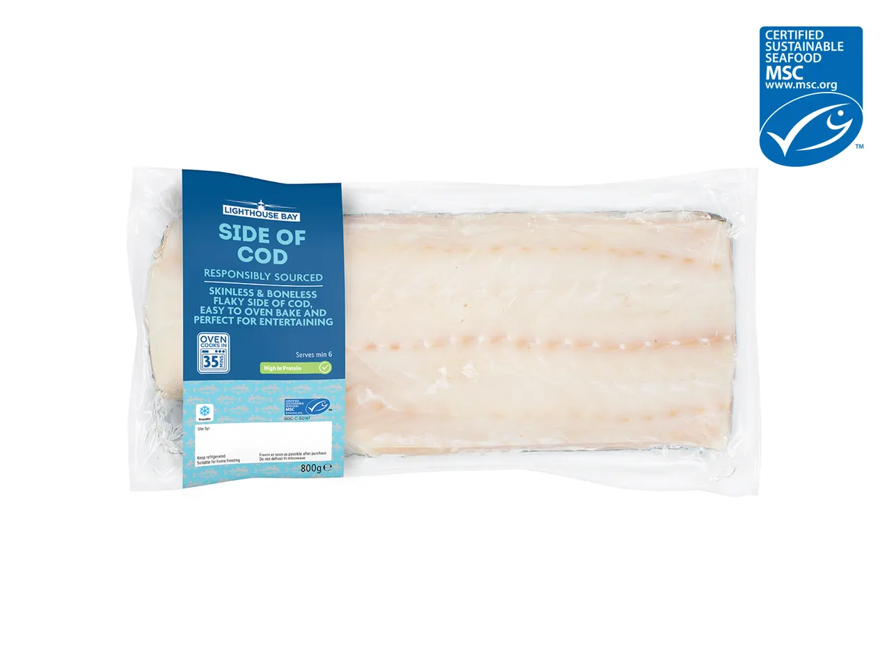 Lighthouse Bay cod fillet, MSC certified, oven-ready.