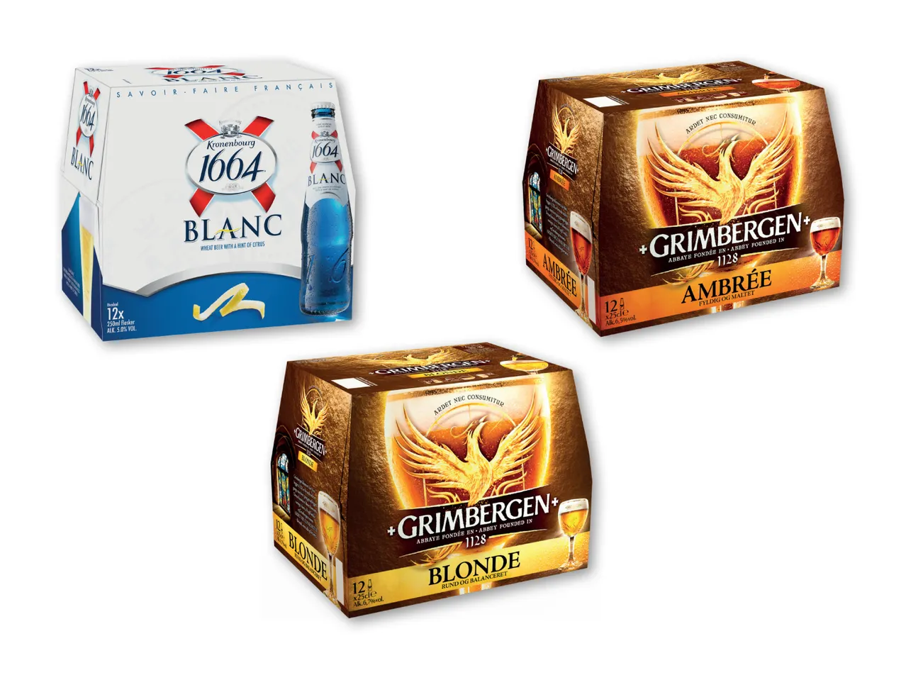 Tre forskellige ølpakker: Faxe Kondi, Carlsberg og en ukendt.