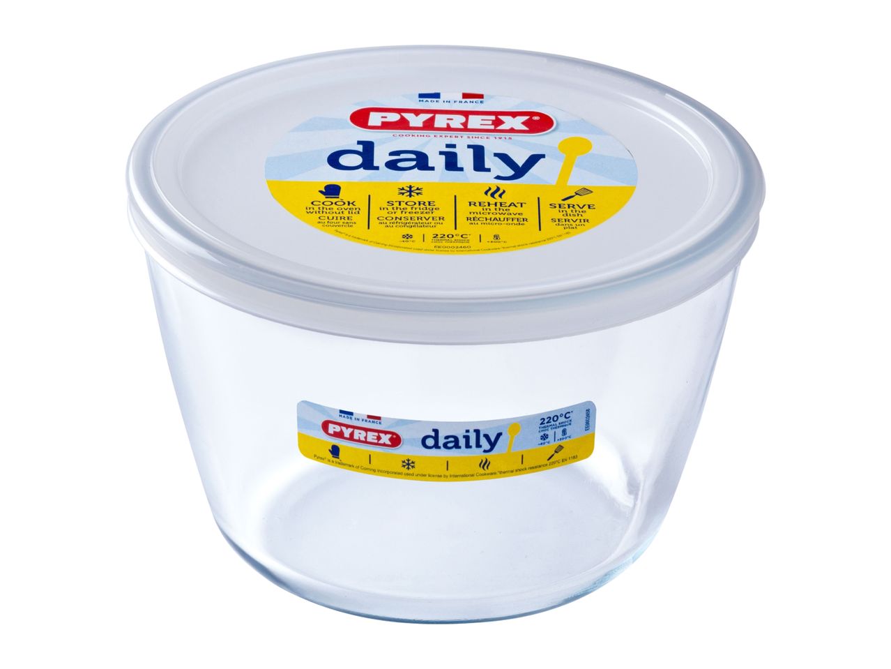 Clear glass food container with a white lid, featuring cooking and storage instructions.