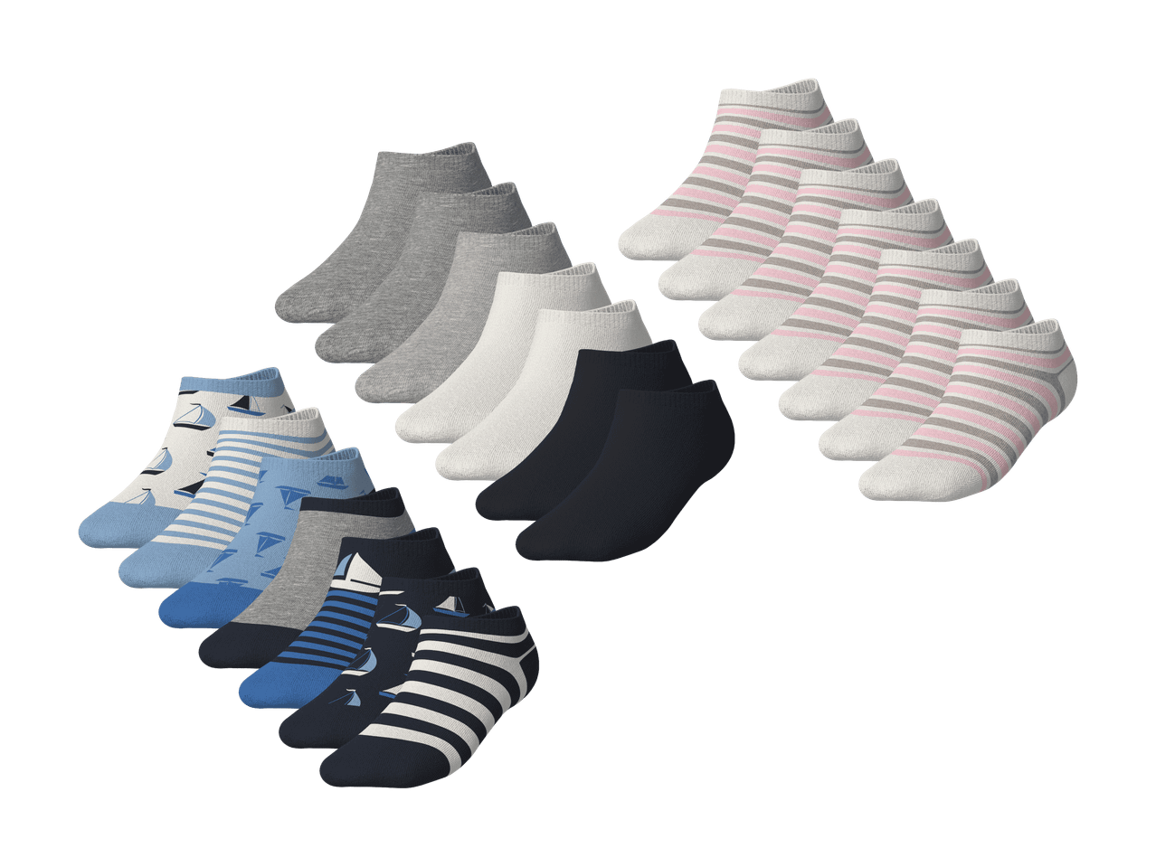 Chaussettes de sport unies grises, blanches, noires et rayées roses, grises et bleues avec motifs de voiliers.