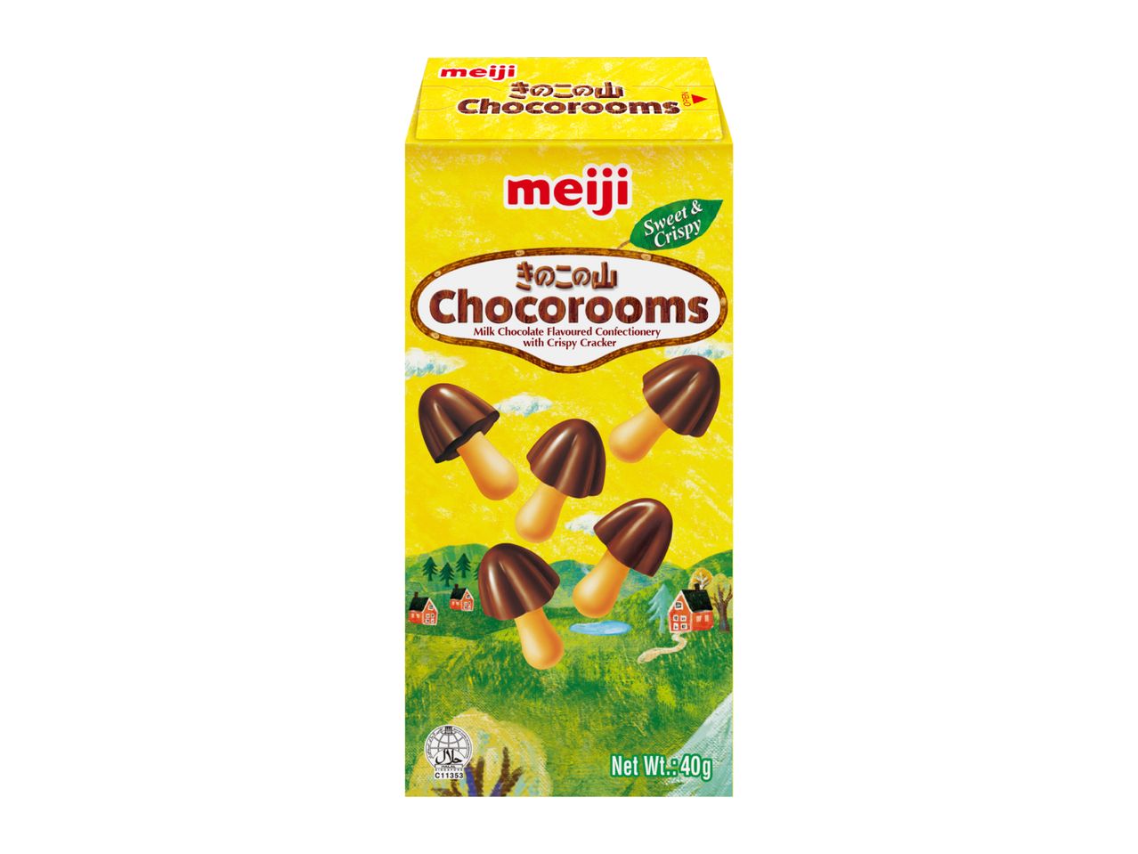 Yellow box of mushroom-shaped milk chocolate and crispy cracker snacks, 40g.