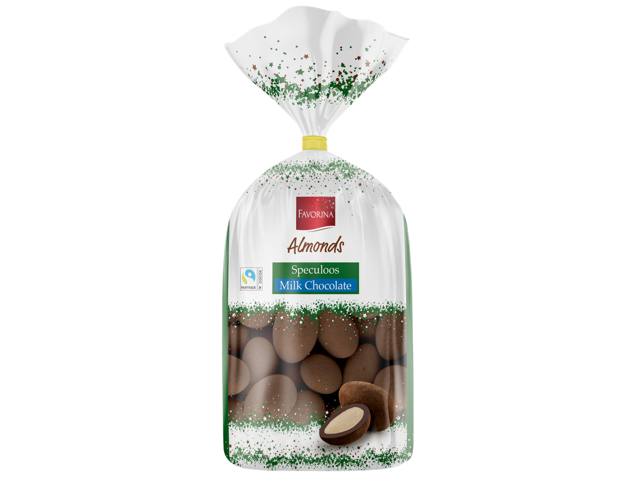 Favorina saldainių maišelis su migdolais, spekuliukais ir pienišku šokoladu.