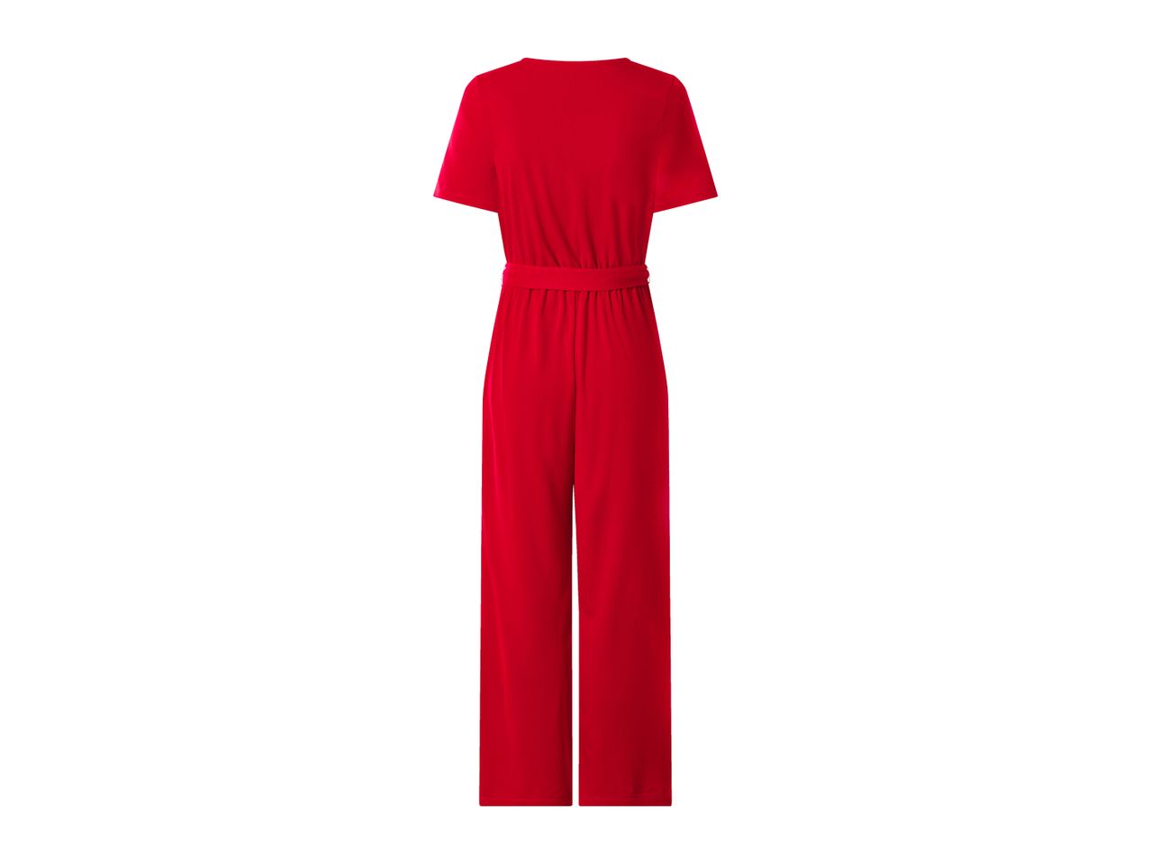 Red short-sleeved jumpsuit with a tie waist, back view.