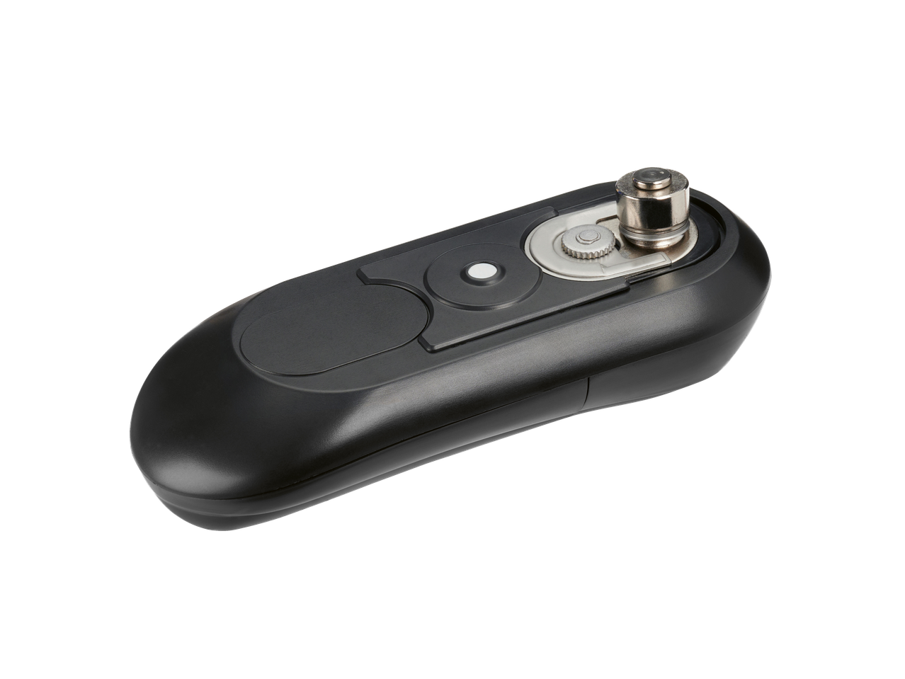 An electric can opener with a black body and silver-colored cutting mechanism.
