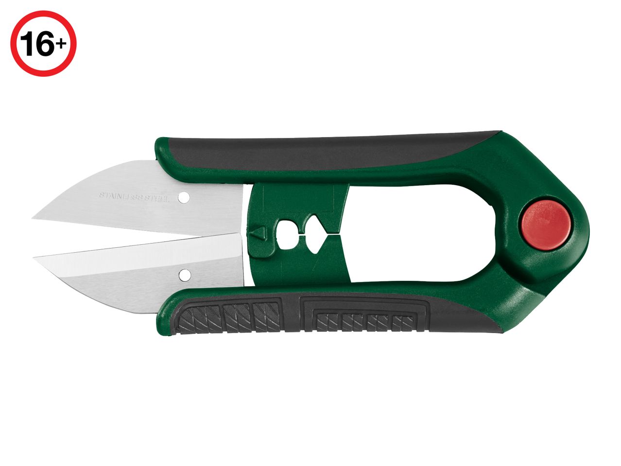 Green and black garden shears with stainless steel blades, 16+ age rating
