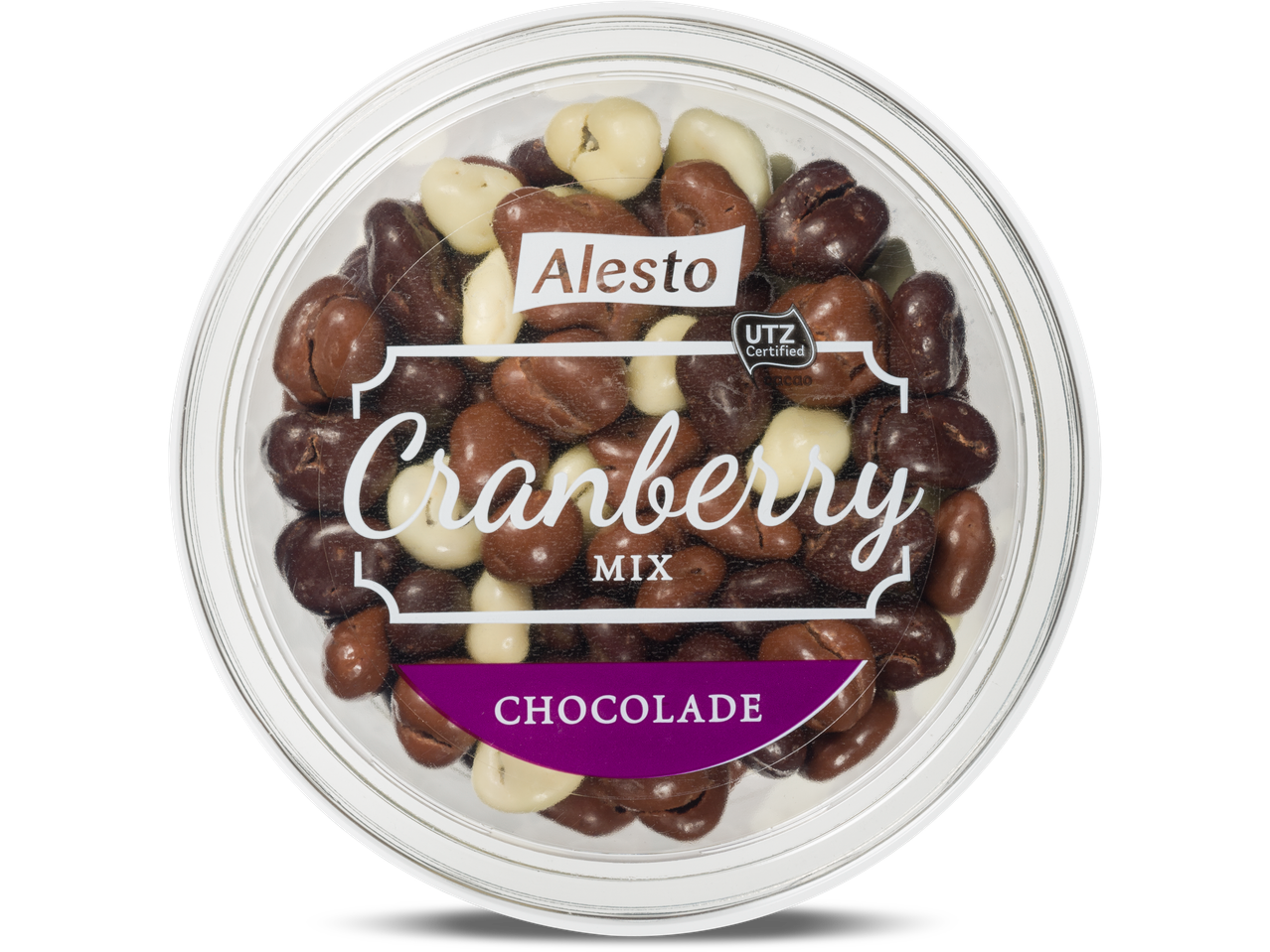 Alesto Cranberry Mix chocolade omhulde noten in een doorzichtig plastic bakje.