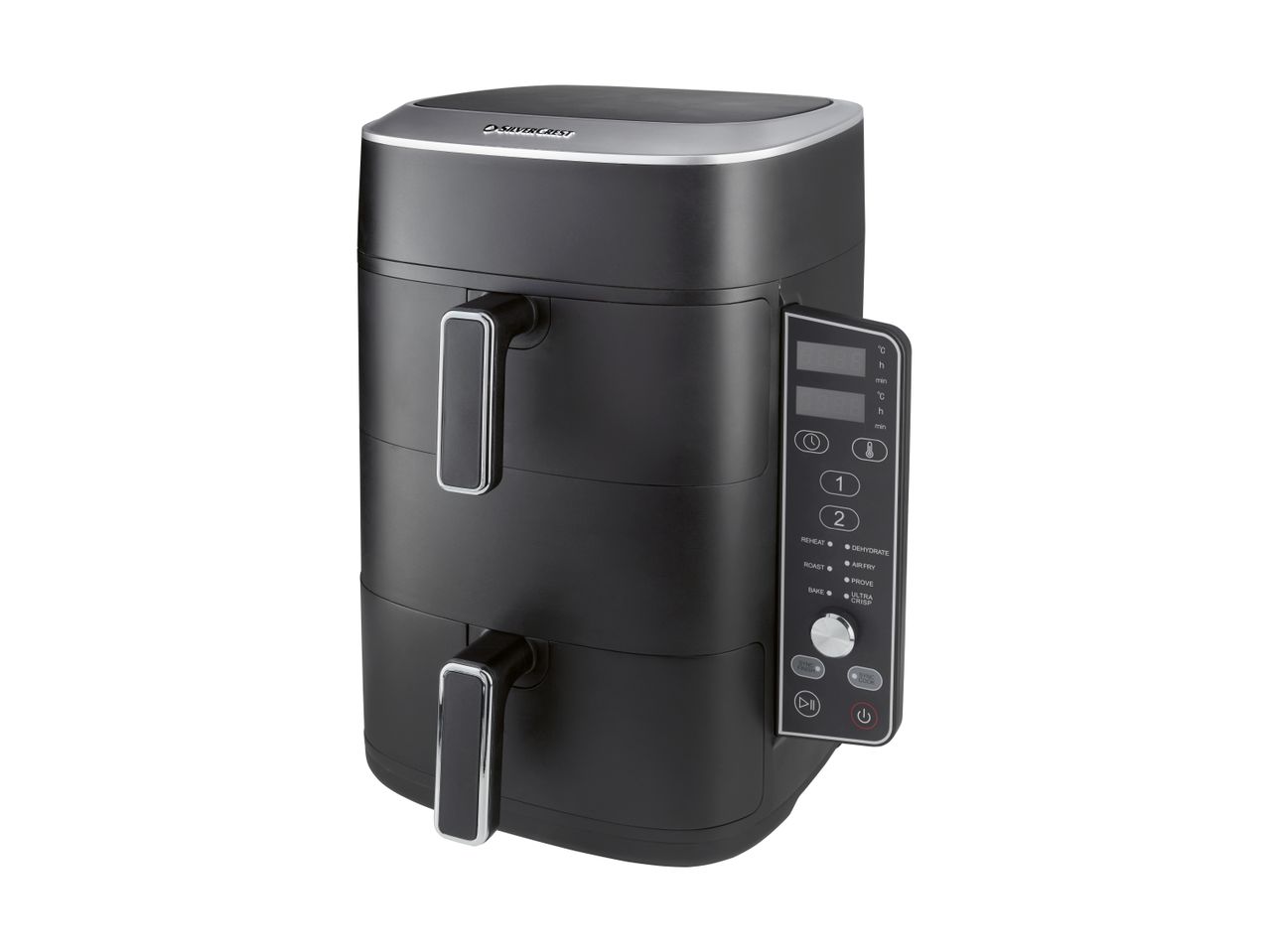 Sort dobbelt airfryer med digitalt kontrolpanel og to skuffer.