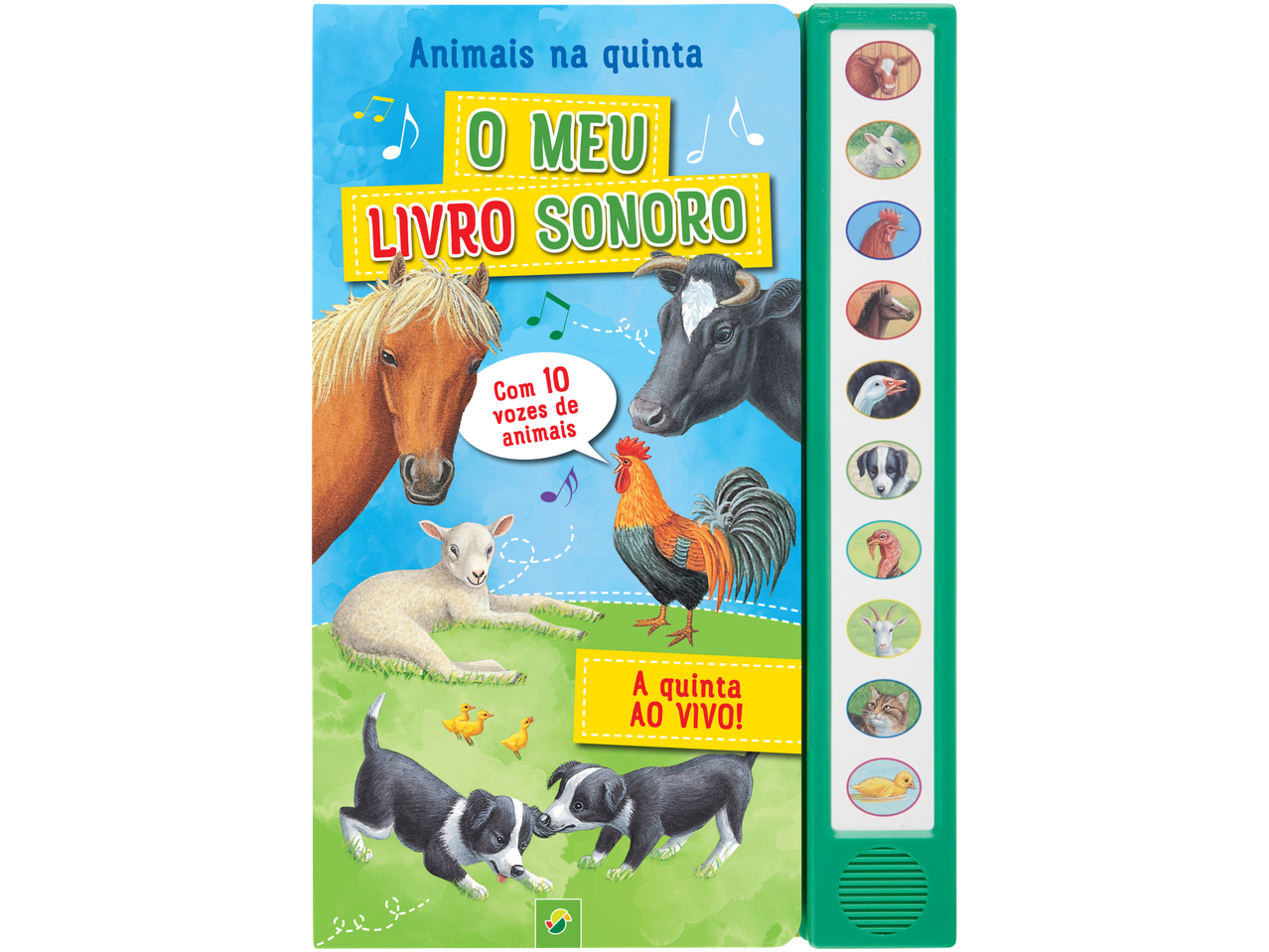 Livro sonoro 'Animais na quinta' com 10 vozes de animais e ilustrações de animais.