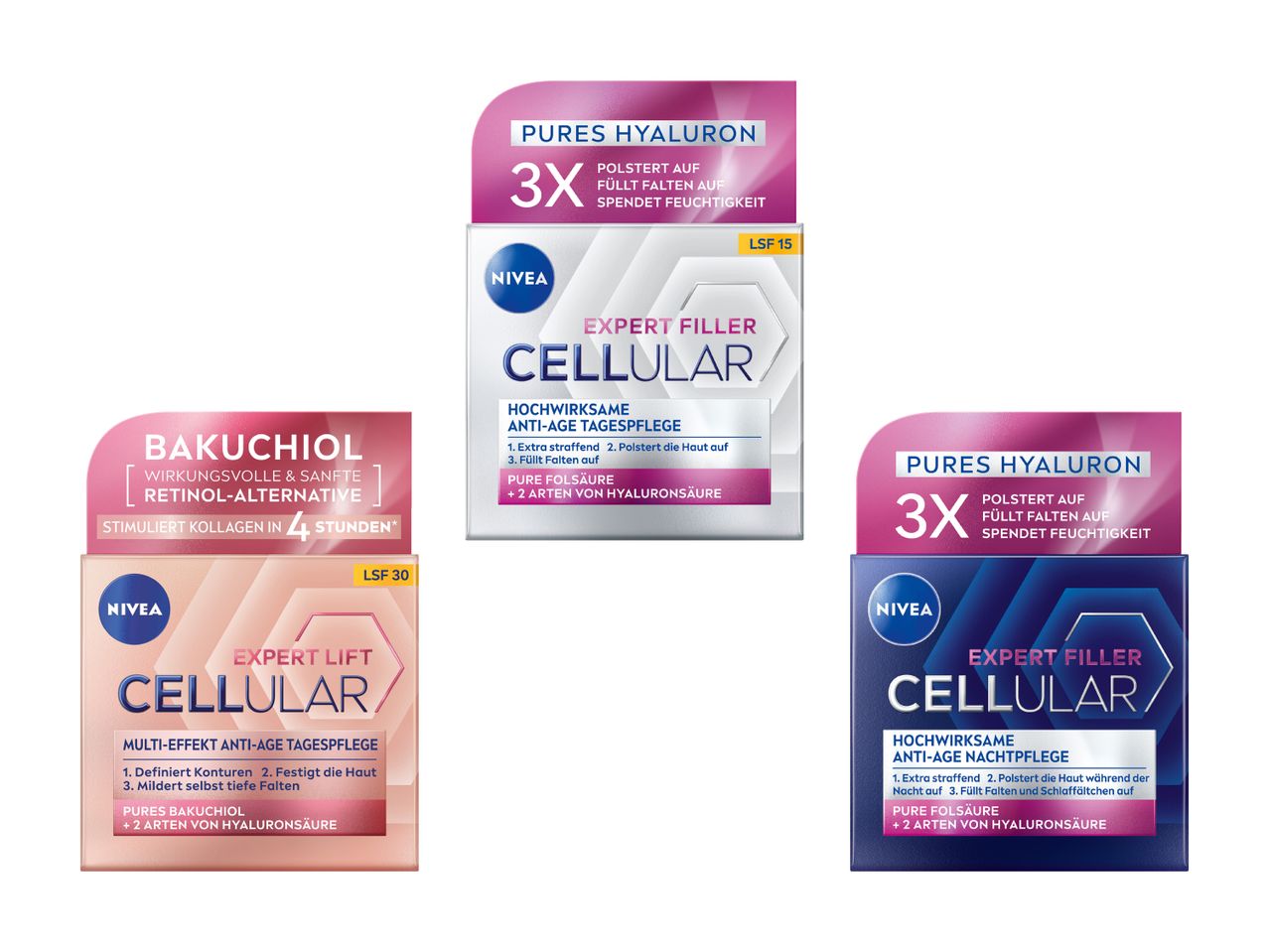 Trois produits Nivea Cellular pour le soin du visage.
