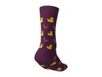 Purple sock with yellow and brown duck patterns