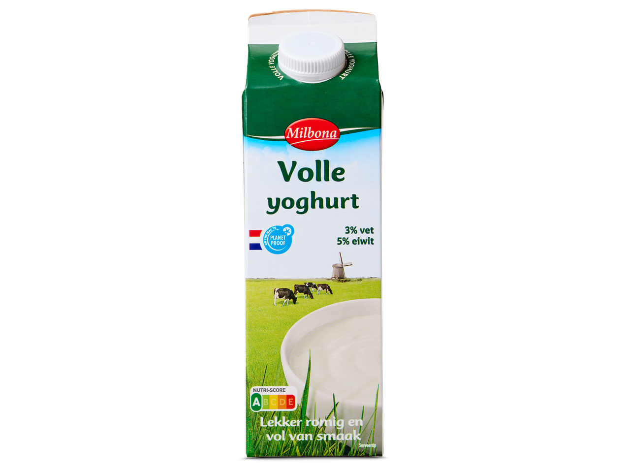 Milbona volle yoghurtpak met een boerderijtafereel en voedingsinformatie.