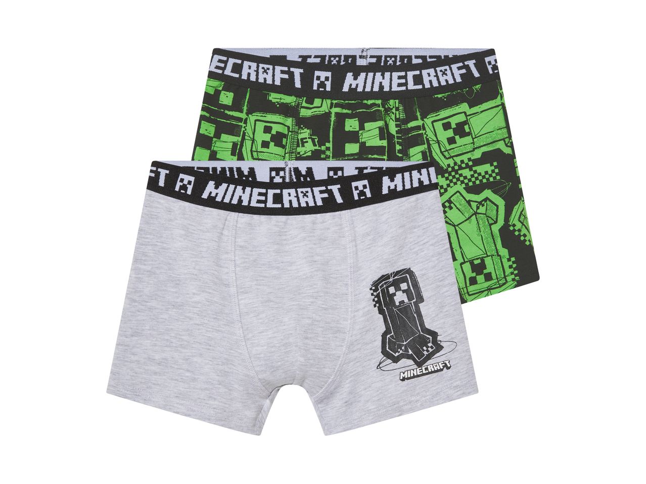 Two pairs of Minecraft boxer briefs, one gray with a Creeper graphic and one black and green patterned.