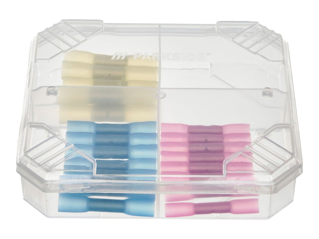 Clear plastic container with Parkside branding, holding yellow, blue, and pink electrical connectors.
