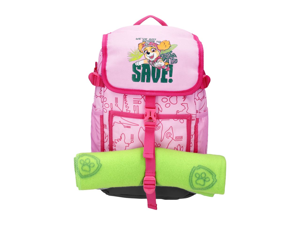 Pink backpack with a cartoon dog and 'WE'VE GOT WINGS TO SAVE!' text, with a green rolled blanket attached.