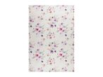 Floral patterned tea towel with purple and pink watercolor flowers on a light background.