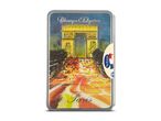 Metalen doosje met een schilderij van de Arc de Triomphe en de Champs-Élysées in Parijs bij zonsondergang.