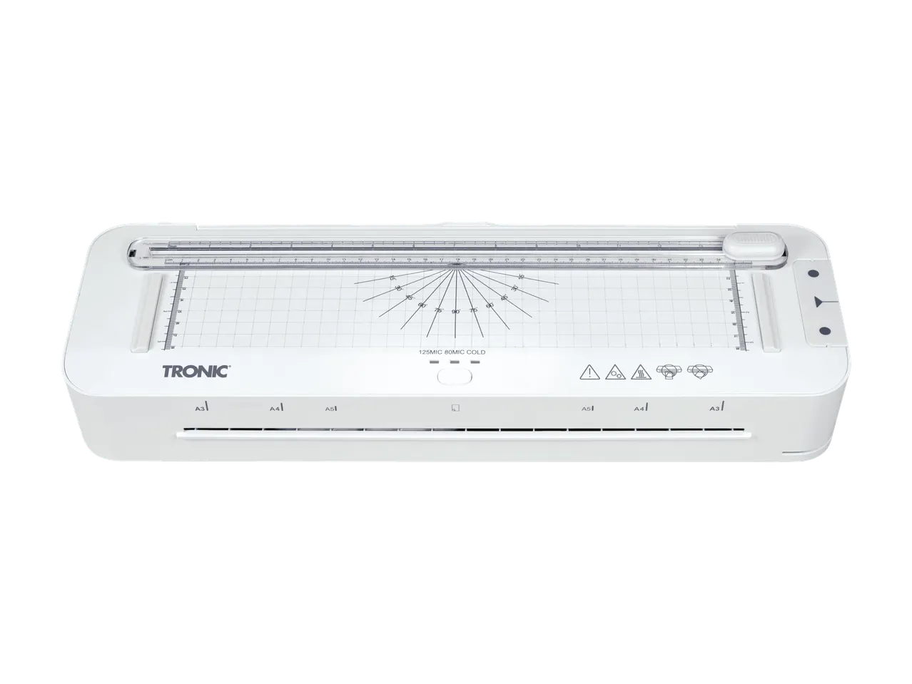 Plastifieuse blanche avec massicot intégré, affichant les formats A3, A4, A5 et des réglages de température.