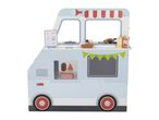 Toy food truck with a menu board, hotdog, skewers, sauces, and ice cream.