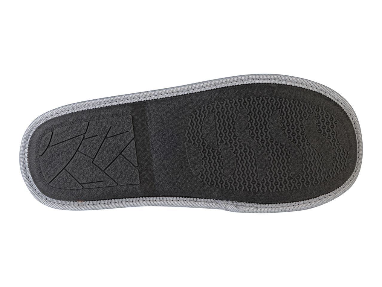 Bottom view of a dark gray slipper with a light gray trim and textured sole.