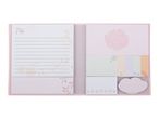 Pink floral-themed sticky note set with lined notepad, various sticky notes, and a flower-shaped pad.