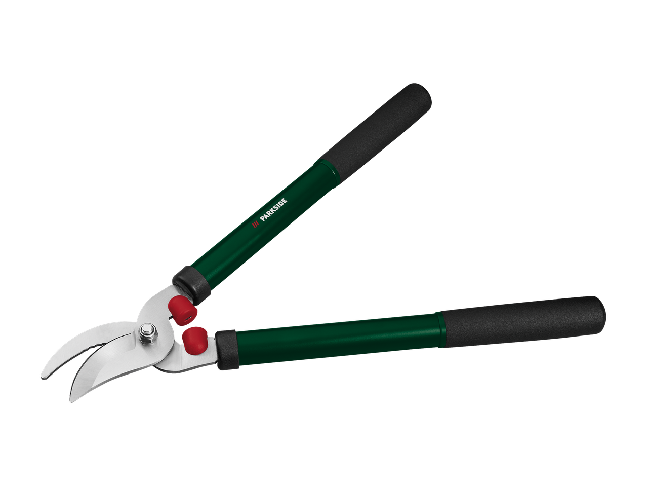 Green and black garden loppers with red shock absorbers on a black background.