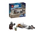 A Star Wars-themed toy set featuring a speeder bike, The Mandalorian, and Grogu figures.