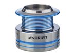 Silver and blue fishing reel spool with horizontal stripes and text on the side.