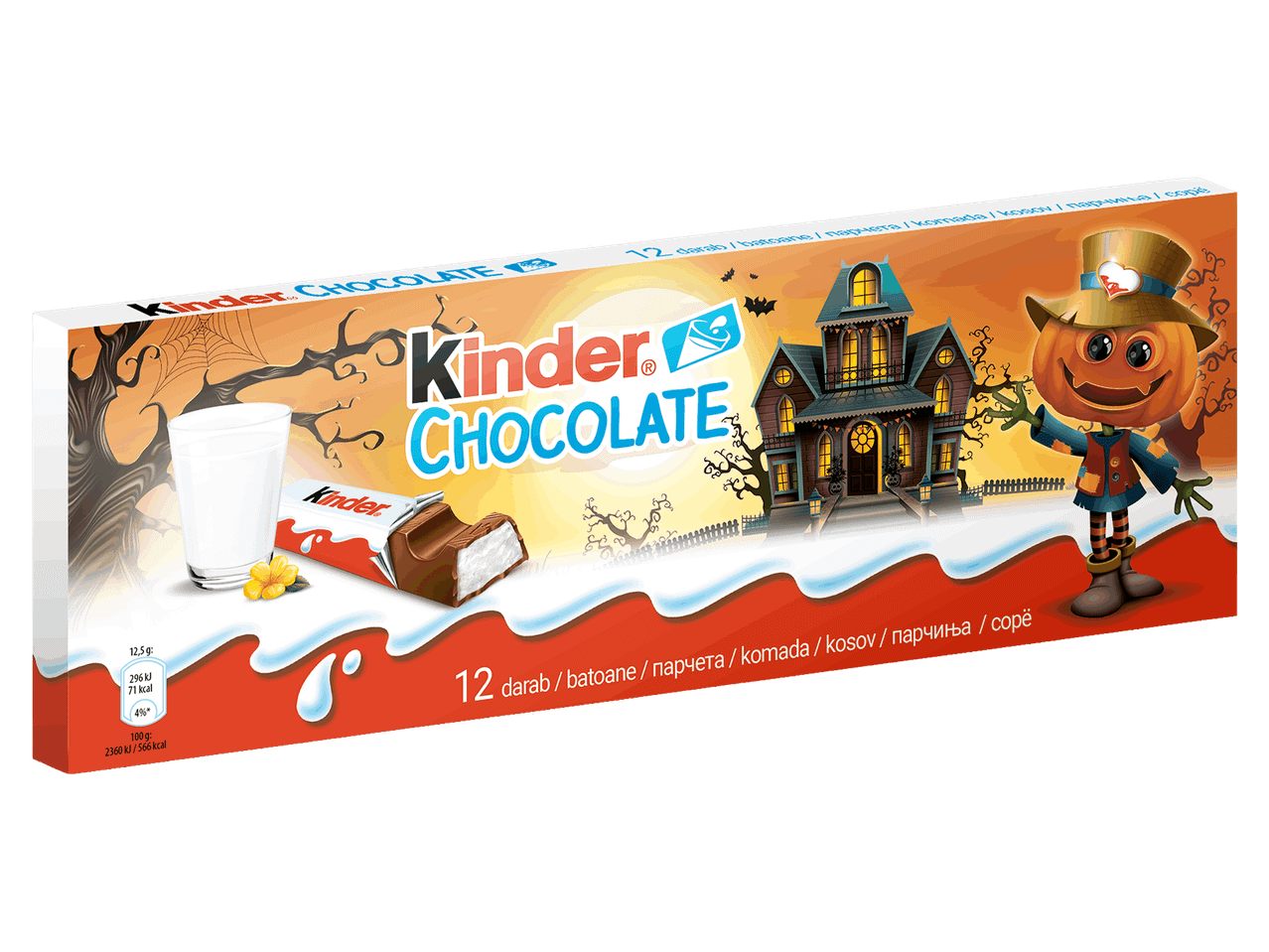 Tejcsokoládé szeletek halloweeni csomagolásban, kísértetházzal és madárijesztővel.