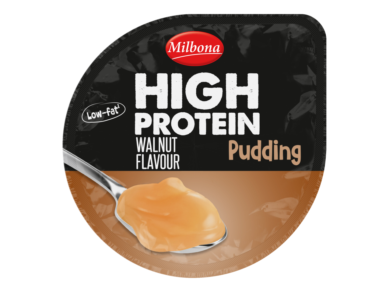 Milbona Pudding hyperprotéiné saveur noix avec une cuillère de pudding