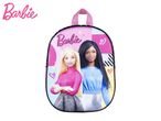 Pink backpack with two dolls, one blonde in pink and one dark-haired in blue.