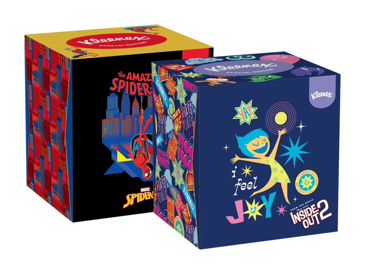 Zwei Kleenex-Boxen: eine mit Spider-Man-Design und eine mit Inside Out 2-Design.