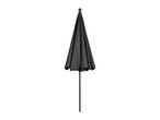 Closed black garden umbrella with a dark pole on a white background.