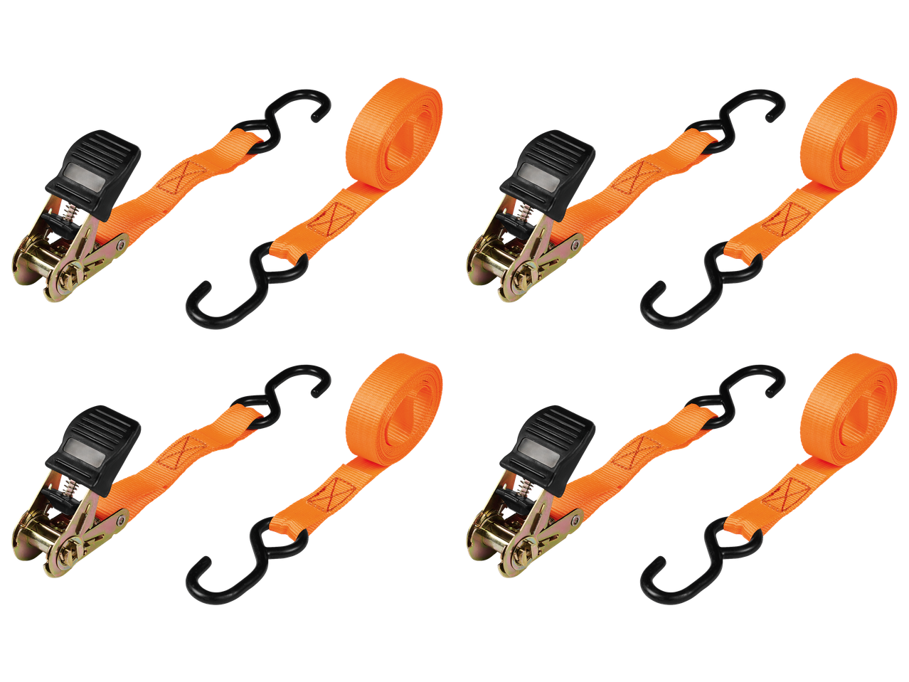 ULTIMATE SPEED® Ratchet Strap Set with four orange ratchet straps and black hooks.