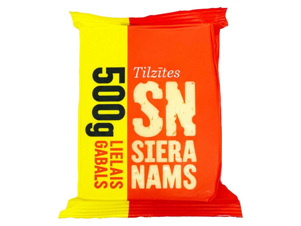 Siera iepakojums ar uzrakstu 'Tildzītes SN Siera Nams' un '500g Lielais Gabals'.