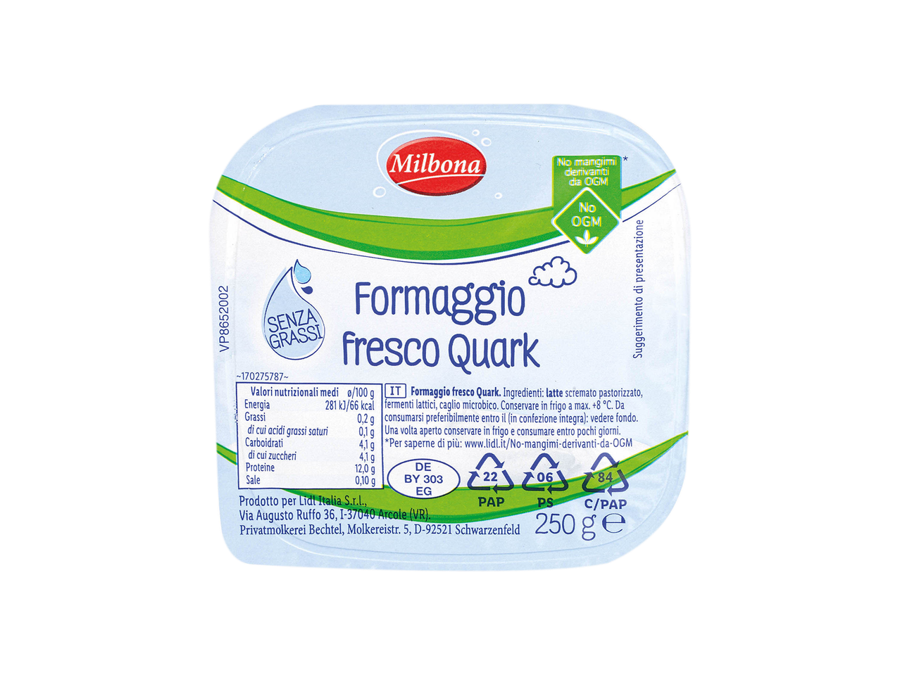 Confezione di formaggio fresco Quark Milbona senza grassi, con informazioni nutrizionali e di conservazione.