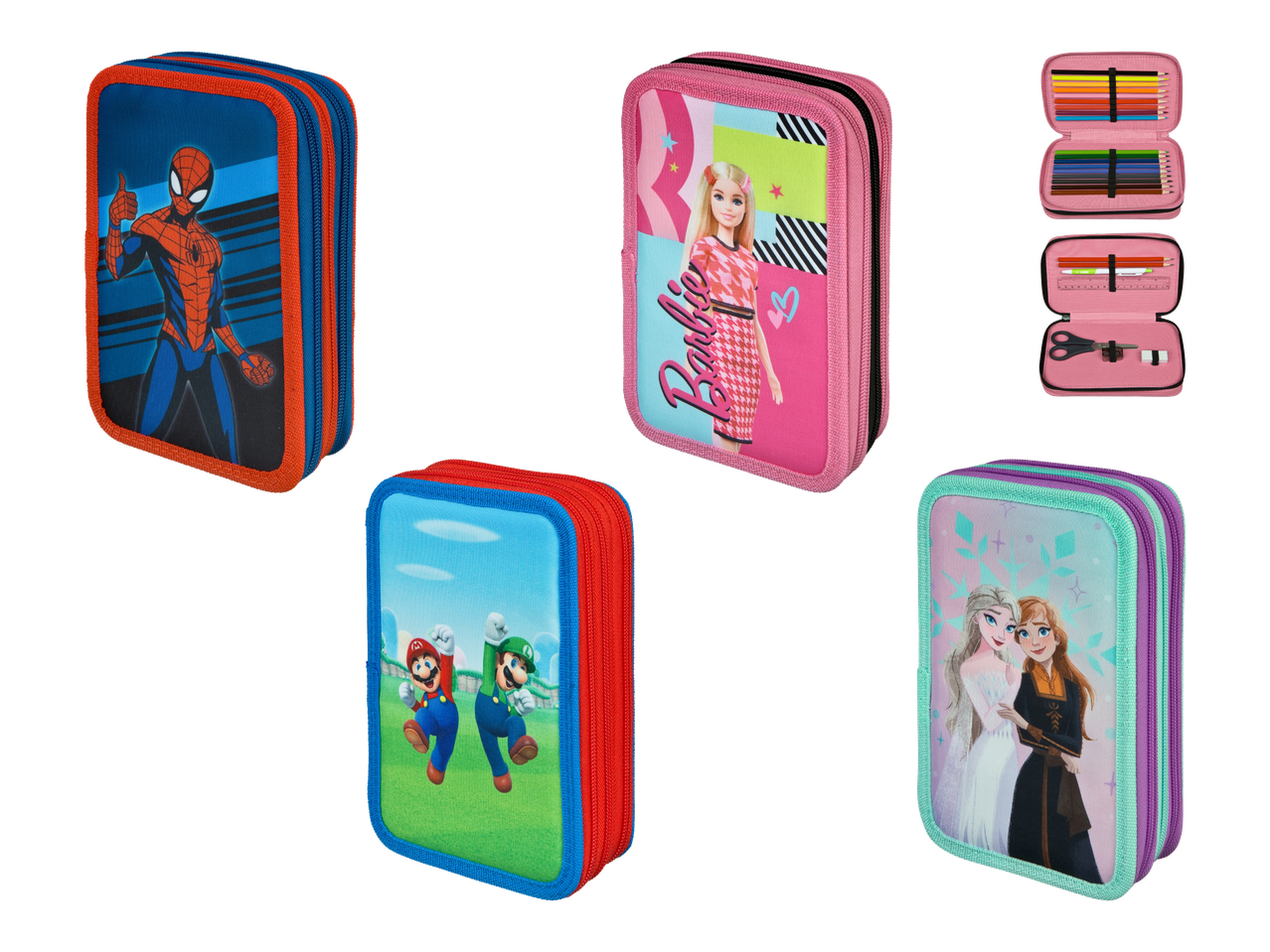 Neljä kolmiosastoista kynäkoteloa, joissa Spider-Man, Barbie, Mario ja Frozen-aiheiset kuvat.