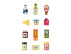 A collection of toy food items including milk, olive oil, ketchup, cheese, yogurt, juice, chocolate spread, pasta, rice, pesto, butter, and jam.