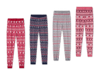 Vier Kinder-Leggings mit Weihnachtsmotiven: Lebkuchenmänner, Schneeflocken und Eisbären.