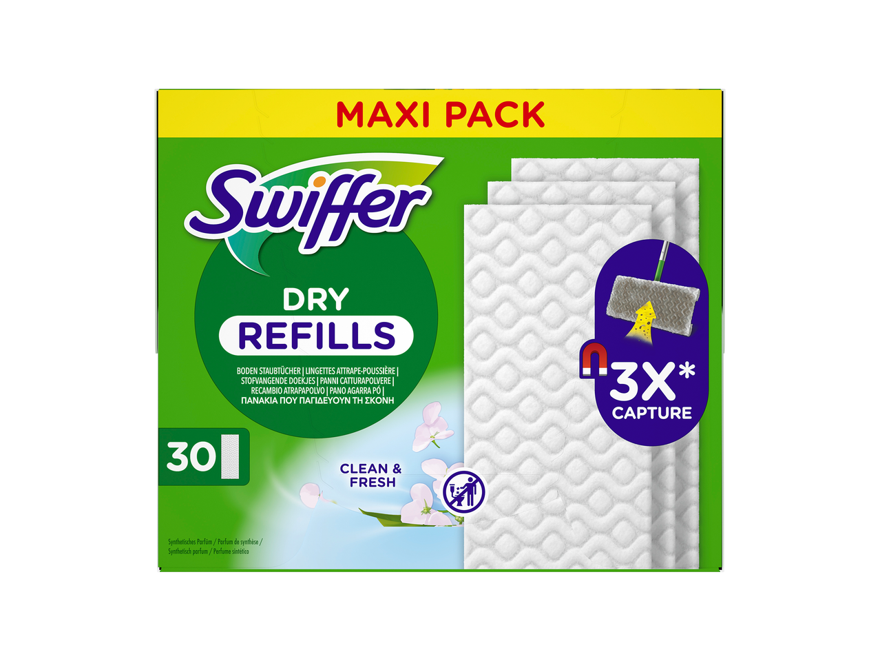 Verpakking met 30 droge navullingen voor vloerreinigers, met de tekst 'MAXI PACK' en 'CLEAN & FRESH'.