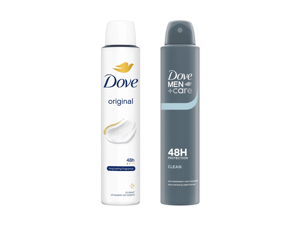 Dove Original und Dove Men+Care Deodorants: Zwei Dosen mit 48h Schutz.