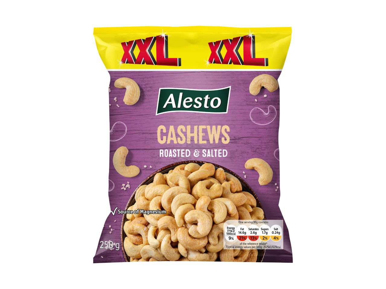 Alesto XXL Roasted & Salted Cashews in a purple bag, 250g.