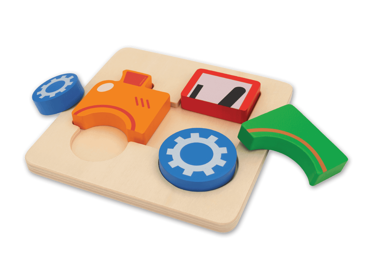 Holzpuzzle mit bunten Formen wie Zahnrädern, einem orangefarbenen Auto und einem roten Rechteck.