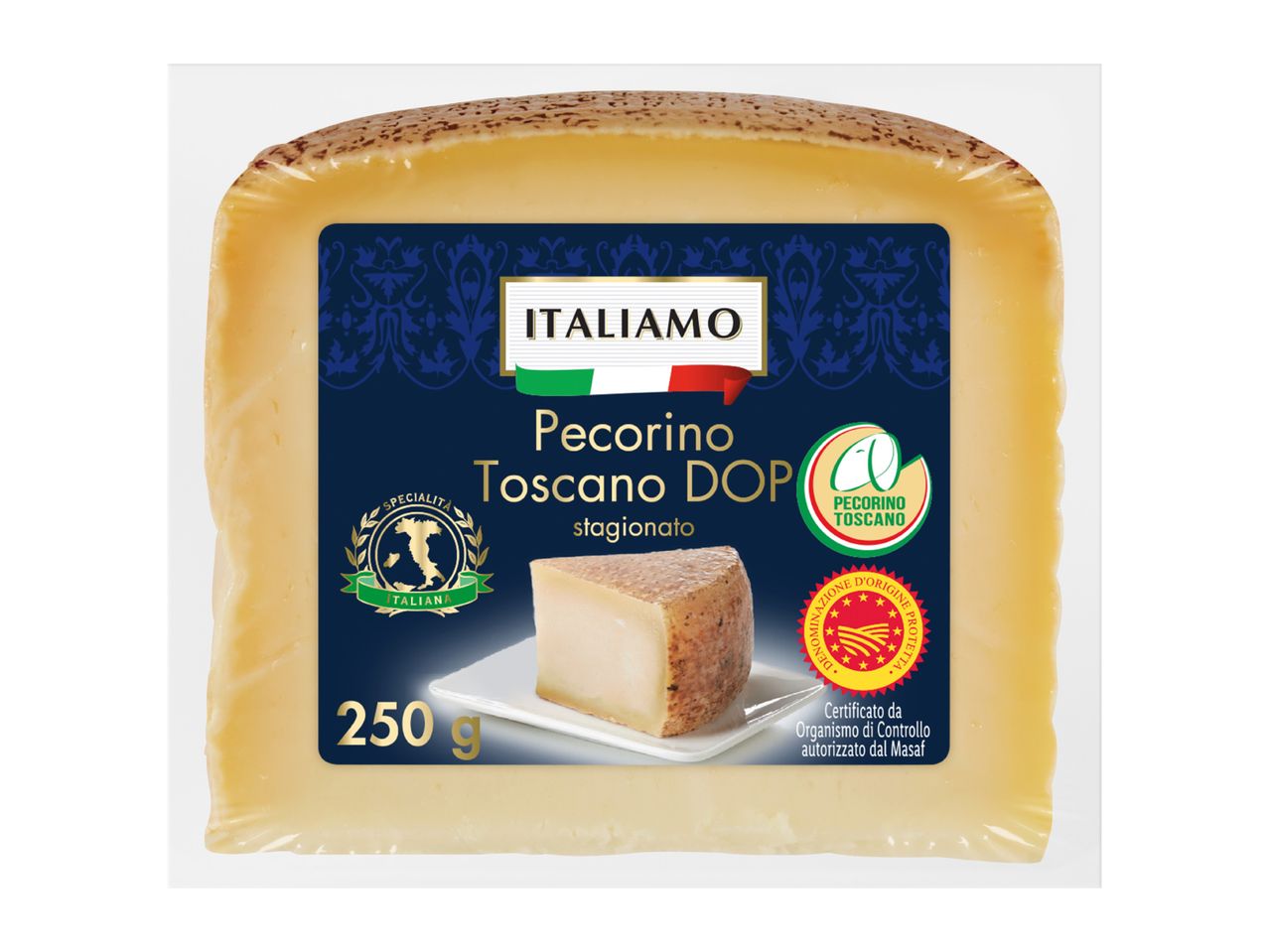 Pecorino Toscano DOP stagionato cheese, 250g, with Italian specialty and protected designation of origin labels.
