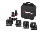 Parkside X 12V Team charger, two batteries, drill bit sets, and a carrying bag.