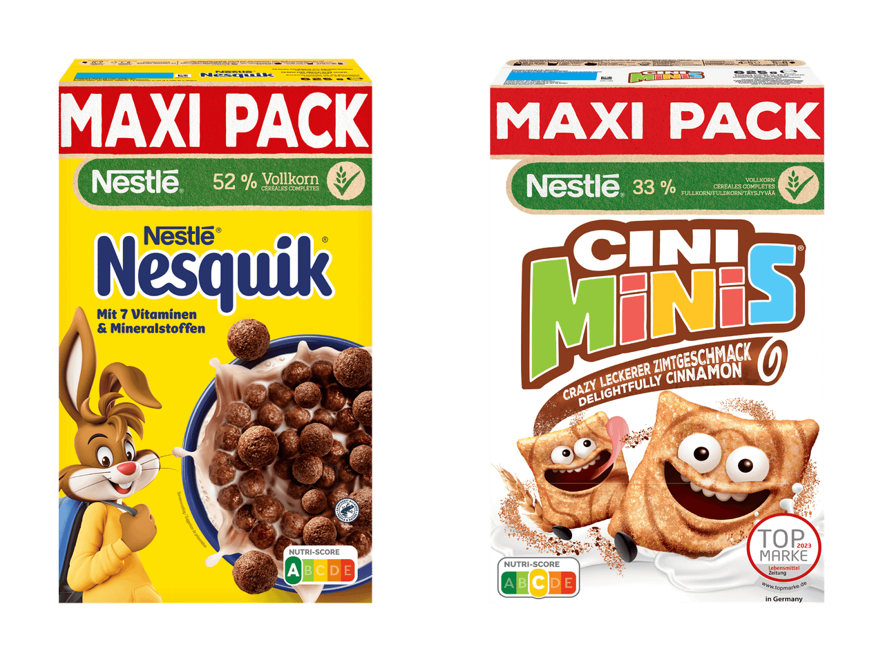 Zwei Packungen Nestlé Cerealien, Nesquik Schokolade und Cini Minis Zimt.