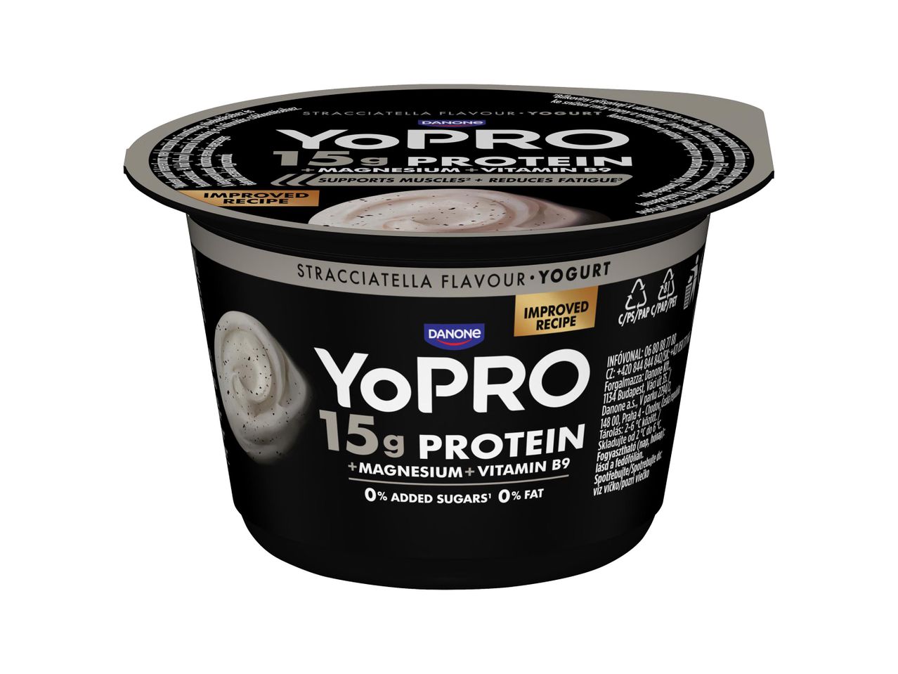 Danone Yopro stracciatella ízesítésű joghurt, 15 gramm fehérjével, magnéziummal és B9-vitaminnal.