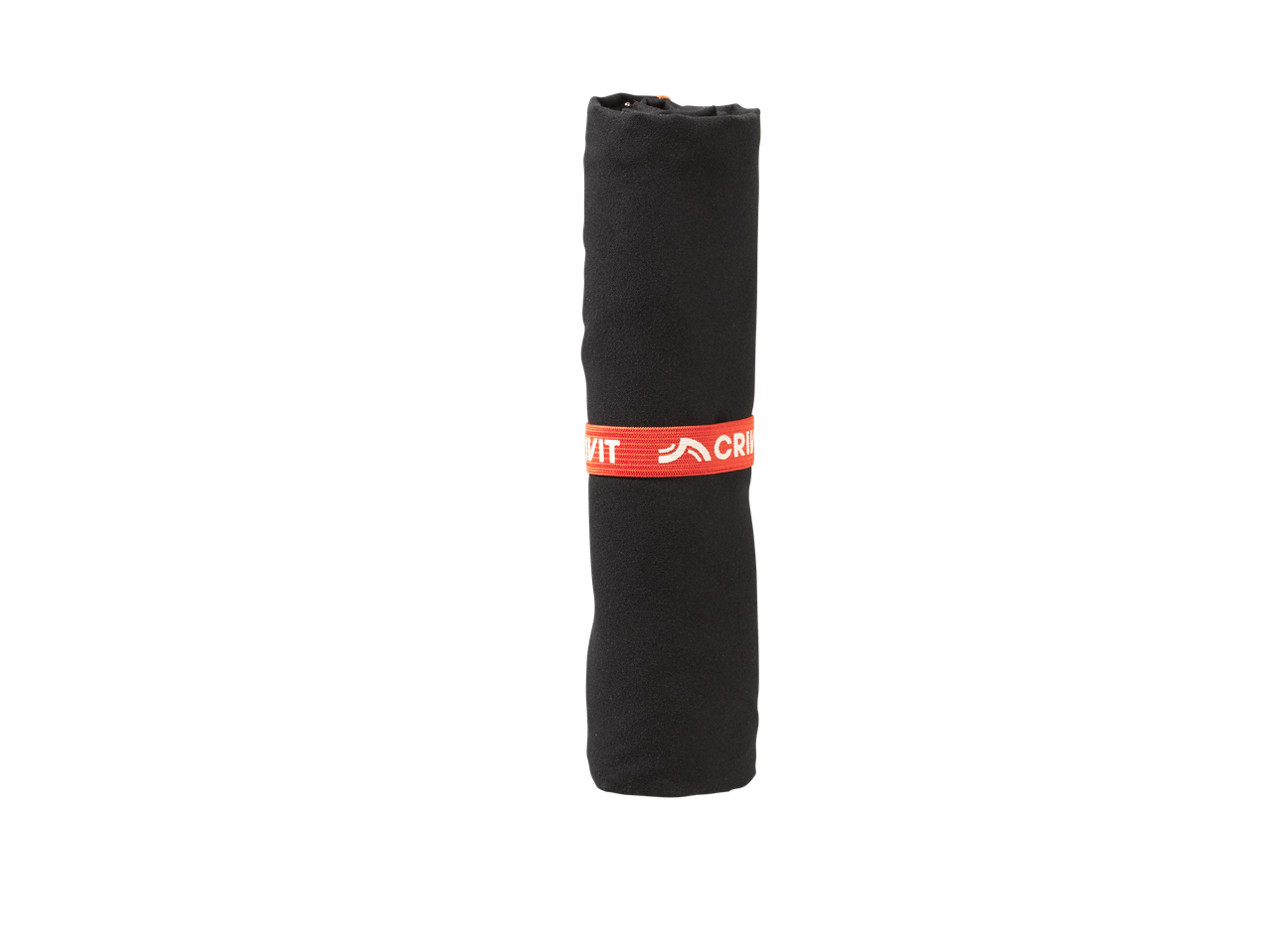 Toalha de microfibra CRIVIT preta enrolada com faixa laranja